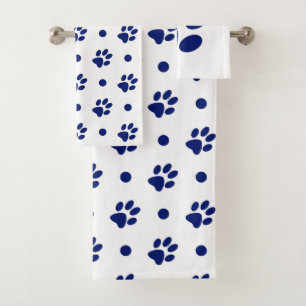 Navy Blue and White Paw Prints and Polka Dots Bath Towel Set