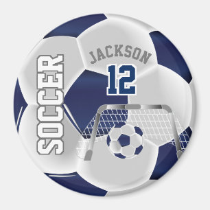 Navy Blue and White Personalize Soccer Ball Magnet