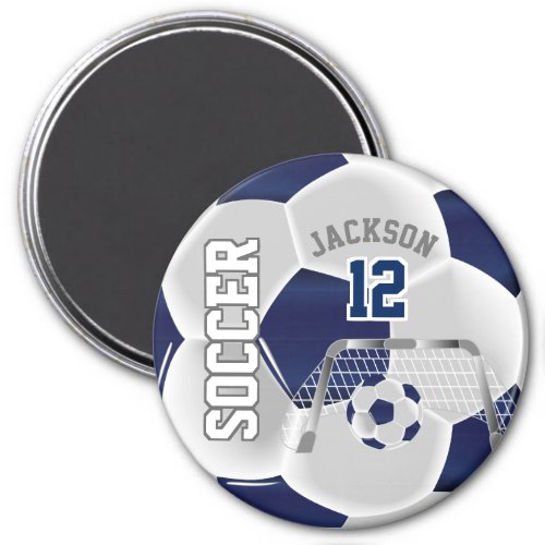 Navy Blue and White Personalize Soccer Ball Magnet