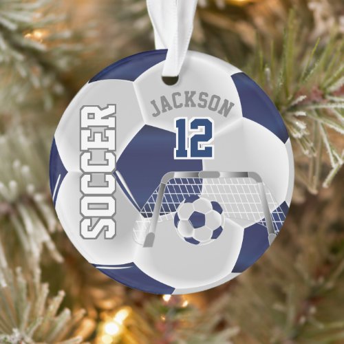 Navy Blue and White Personalize âš Soccer Ball Ornament