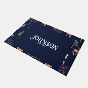 Navy Blue and White Personalized Family Name Est Doormat