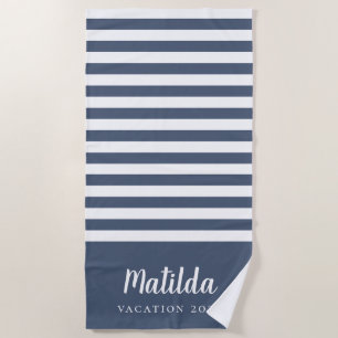 navy blue and white personalized summer  beach towel