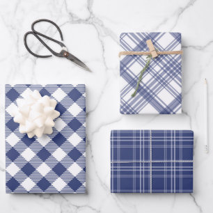 Navy Blue and White Plaid Wrapping Paper Set of 3