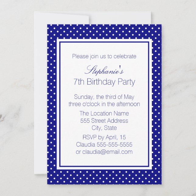 Navy Blue and White Polka Dot Birthday Party Invitation (Front)