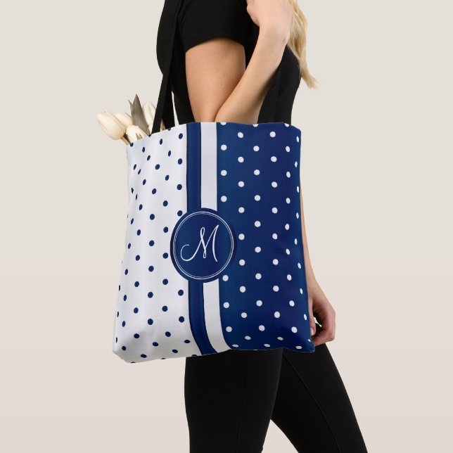 Navy Blue and White Polka Dot Design Tote Bag (Close Up)