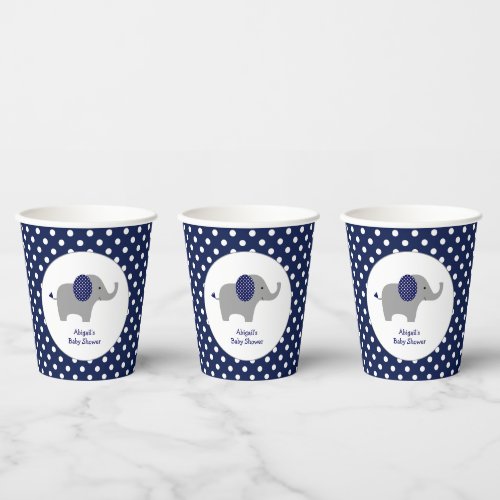 Navy Blue and White Polka Dot Elephant Baby shower Paper Cups