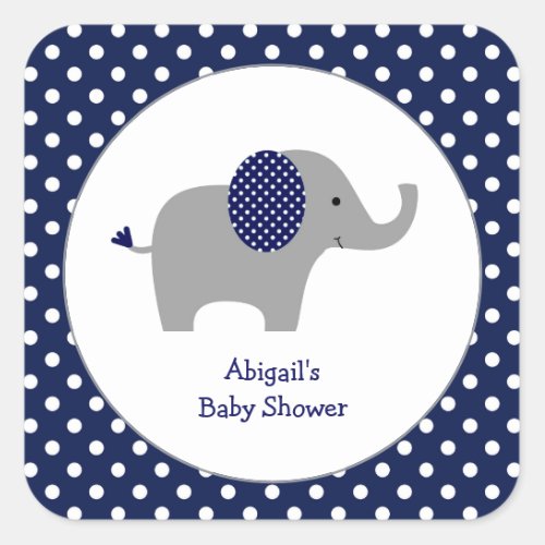 Navy Blue and White Polka Dot Elephant Baby Shower Square Sticker