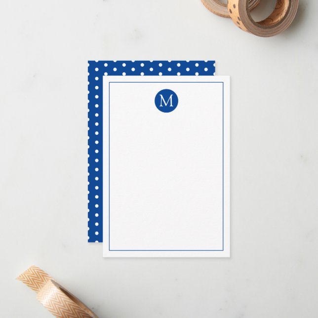 Navy Blue and White Polka Dot Monogram Note Card (Front/Back In Situ)