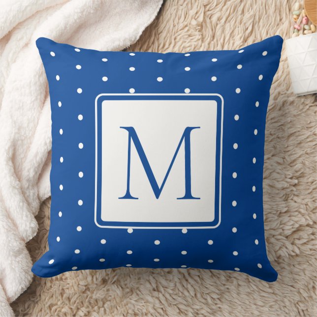 Navy Blue and White Polka Dot Monogram Throw Pillow (Blanket)
