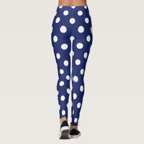 Navy Blue and White Polka Dot Pattern Leggings