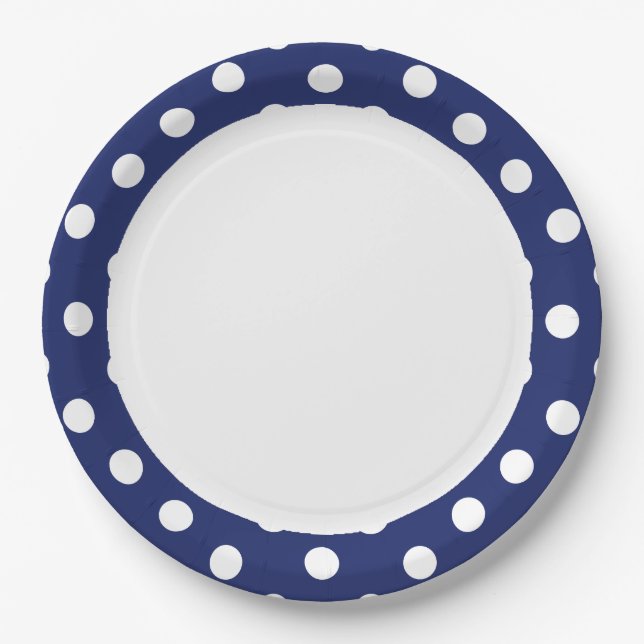 Navy Blue and White Polka Dot Pattern Paper Plates (Front)