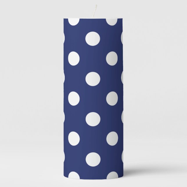 Navy Blue and White Polka Dot Pattern Pillar Candle (Front)