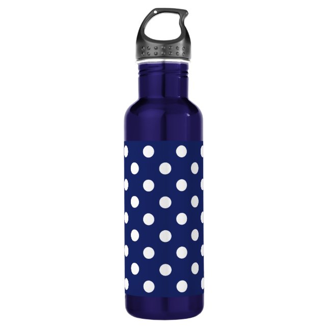 Navy Blue and White Polka Dot Pattern Water Bottle (Front)