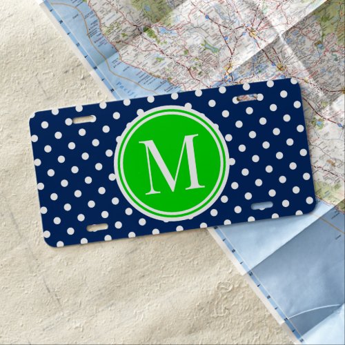 Navy Blue and White Polka Dot With Green Monogram License Plate