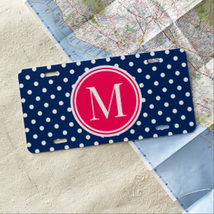 Navy Blue and White Polka Dot With Pink Monogram License Plate