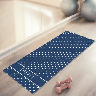 Navy Blue And White Polka Dots And Custom Name Yoga Mat