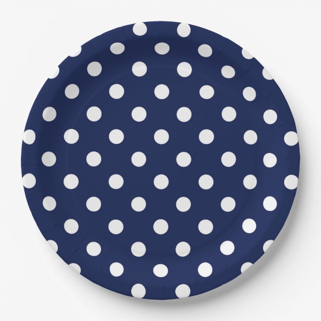 Navy Blue and White Polka Dots Paper Plate (Front)