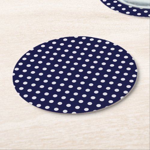 Navy Blue and White Polka Dots Pattern Round Paper Coaster