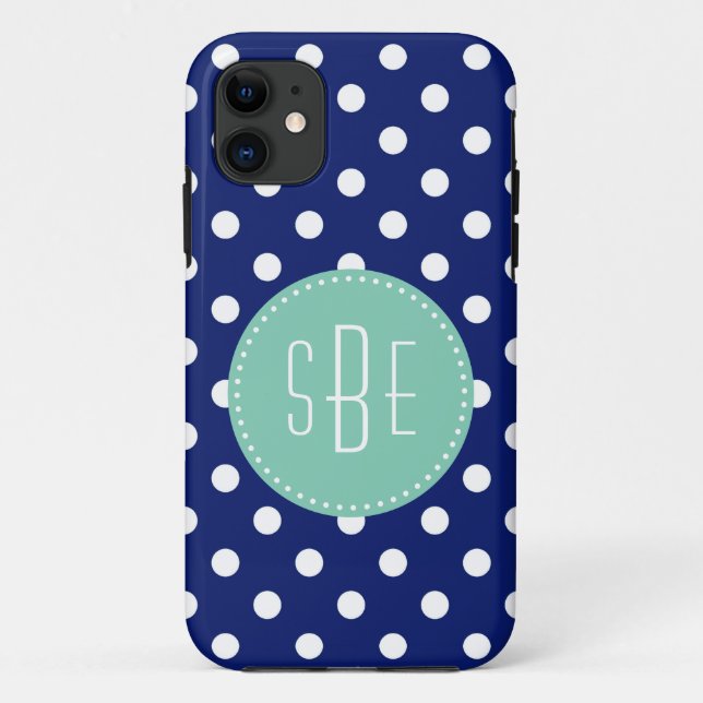 Navy blue and white polka dots with aqua monogram Case-Mate iPhone case (Back)