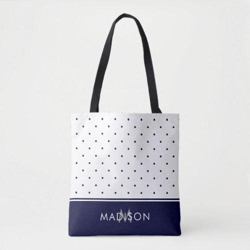 Navy Blue and White Polka Dots with Monogram Tote Bag