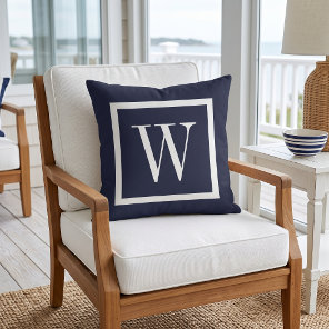 Navy Blue and White Preppy Square Monogram Throw Pillow
