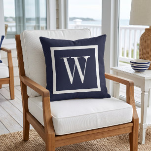 Navy Blue and White Preppy Square Monogram Throw Pillow