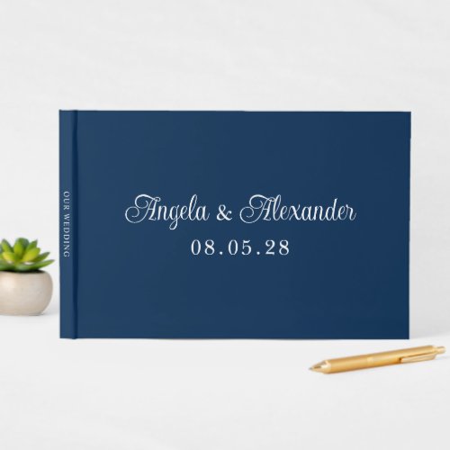 Navy Blue and White Pretty Curly Script Wedding Guest Book