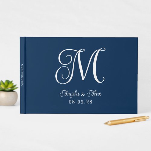 Navy Blue and White Pretty Curly Wedding Monogram Guest Book