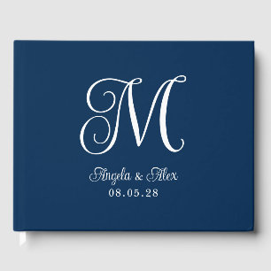 Navy Blue and White Pretty Curly Wedding Monogram Guest Book