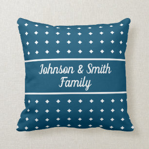 navy blue and white pretty pattern, family name throw pillow