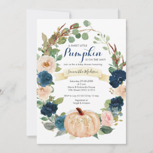 Navy Blue and White Pumpkin Baby Shower Invitation