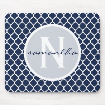 Navy Blue And White Quatrefoil Monogram Mouse Pad by snowfinch at Zazzle