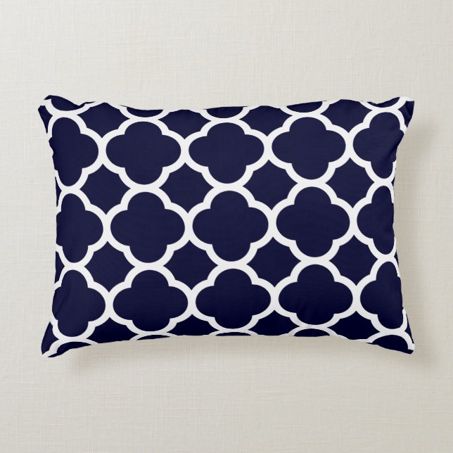 Navy Blue and White Quatrefoil Pattern Decorative Pillow (Front)