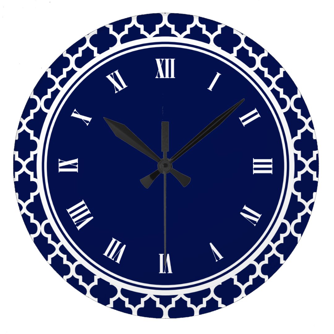 Navy Blue and White Quatrefoil Pattern Large Clock | Zazzle