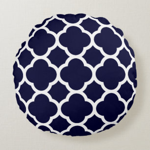 Navy Blue and White Quatrefoil Pattern Round Pillow