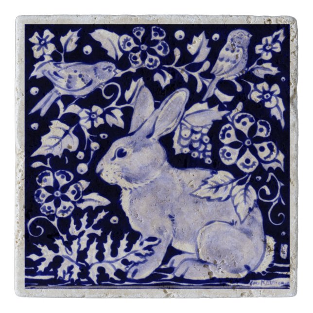 Navy Blue and White Rabbit Bird Stone Tile Trivet (Front)