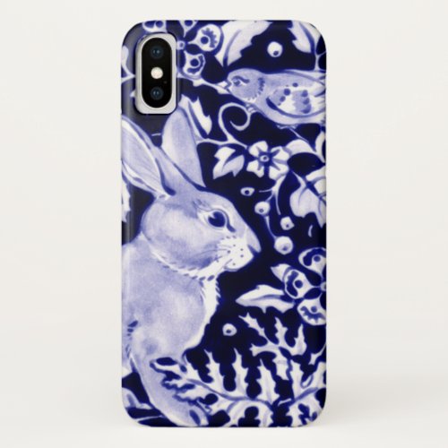 Navy Blue and White Rabbit Bunny Bird Chinoiserie iPhone X Case