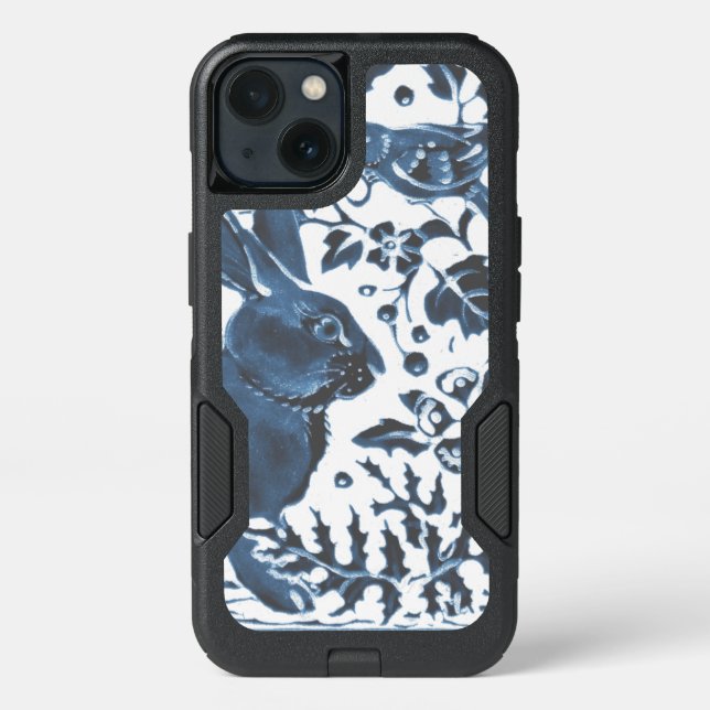 Navy Blue and White Rabbit Bunny Bird Chinoiserie Otterbox iPhone Case (Back)