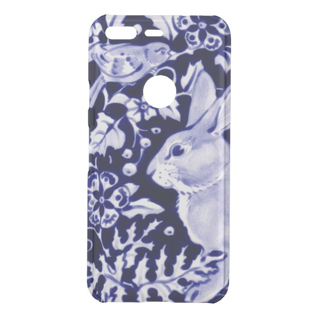 Navy Blue and White Rabbit Bunny Bird Chinoiserie Uncommon Google Pixel Case (Back)
