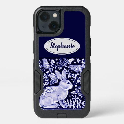 Navy Blue and White Rabbit Bunny Bird Personalized iPhone 13 Case