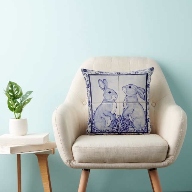 Navy Blue and White Rabbit Tile Pillow Dedham Cute (Chair)