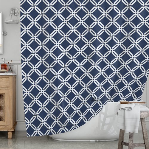 Navy Blue and White Retro Octagon Link Pattern Shower Curtain