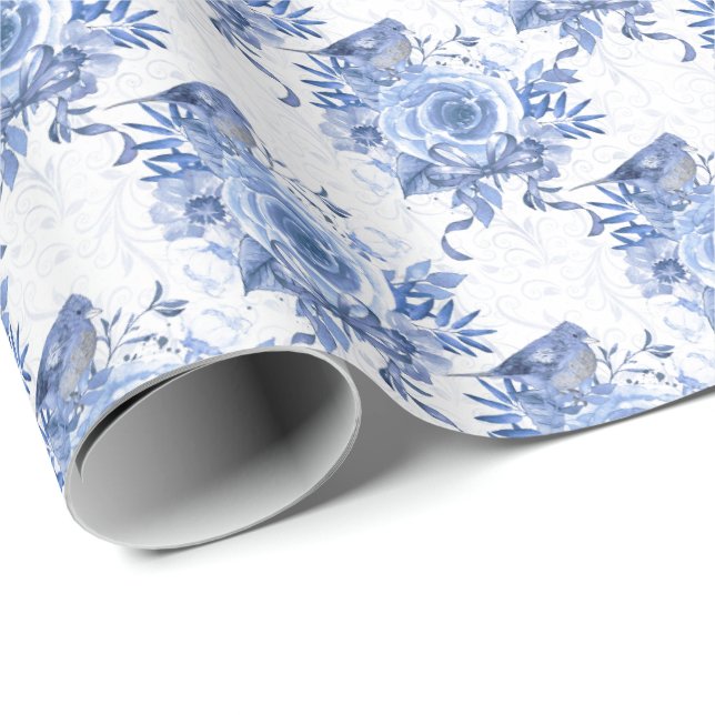 Navy Blue and White Rose Floral Wrapping Paper (Roll Corner)