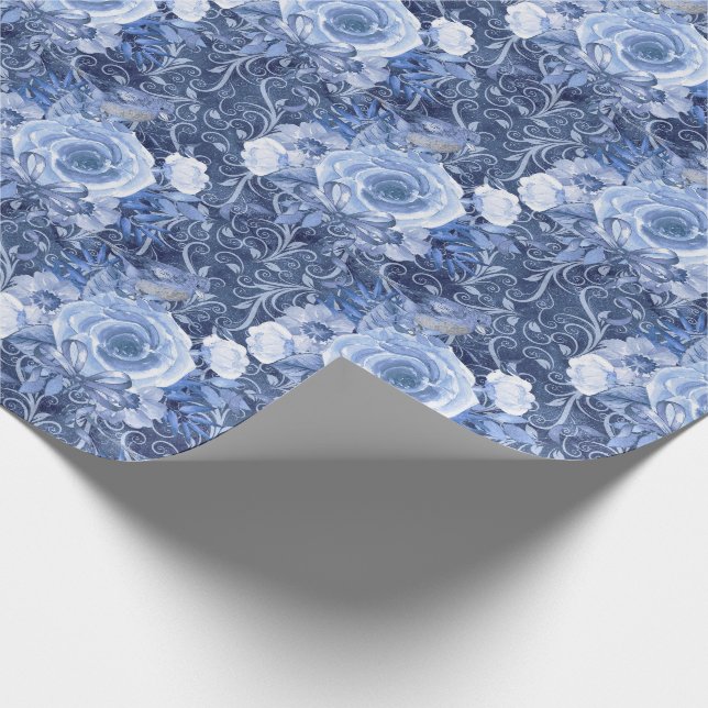 Navy Blue and White Rose Floral Wrapping Paper (Corner)