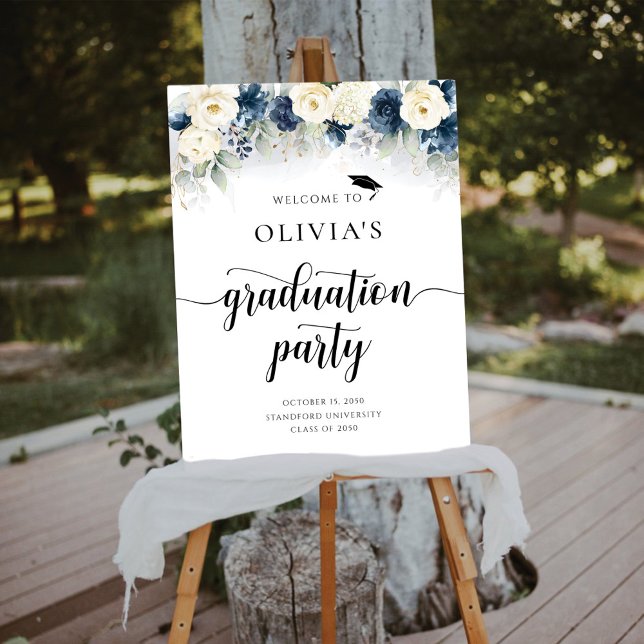 Navy Blue and White Rose Graduation Party Foam Board (Creator Uploaded)