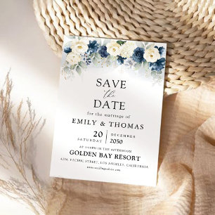 Navy Blue and White Rose Save The Date Cards