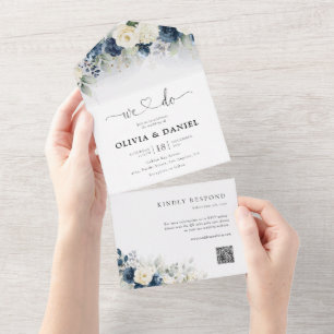 Navy Blue and White Rose Wedding  All In One Invitation