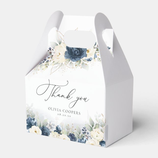Navy Blue and White Roses Baby Shower Favor Boxes (Front Side)