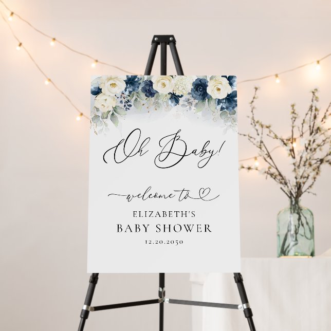 Navy Blue and White Roses Baby Shower Foam Boards (In Situ (Stand))