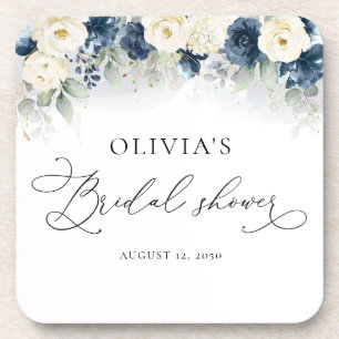 Navy Blue and White Roses Bridal Shower Beverage Coaster